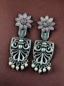 Traditional Oxidized Flower Dangler Earrings | Pearl & Stone Work Silver Replica Amazing Jewelry - color: "Baby Pink"