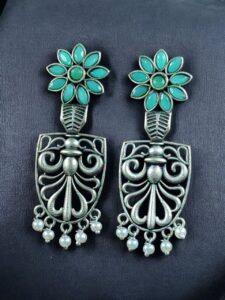 Traditional Oxidized Flower Dangler Earrings | Pearl & Stone Work Silver Replica Amazing Jewelry - color: "Mint"