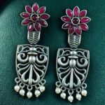 Bulk 202 Traditional Oxidized Flower Dangler Earrings | Pearl & Stone Work Silver Replica Amazing Jewelry - "Red"