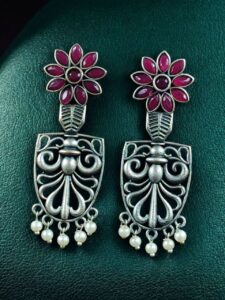 Traditional Oxidized Flower Dangler Earrings | Pearl & Stone Work Silver Replica Amazing Jewelry - color: "Red"