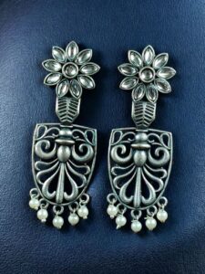 Traditional Oxidized Flower Dangler Earrings | Pearl & Stone Work Silver Replica Amazing Jewelry - color: "White"