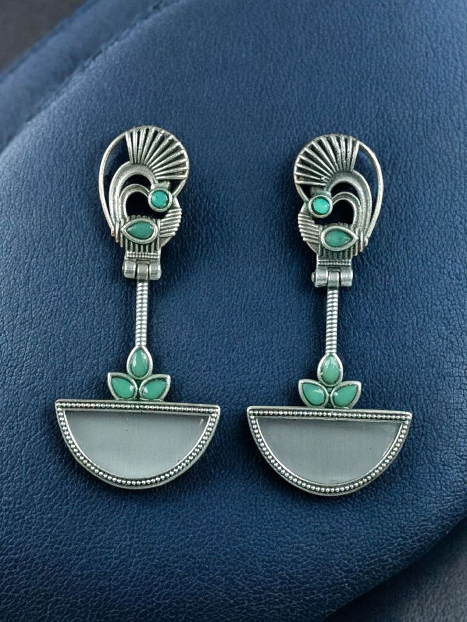 Handcrafted Ethnic Peacock Earrings | Silver Replica Stone Dangler Best Jewelry 4 Handcrafted silver replica peacock stone dangler ethnic earrings.