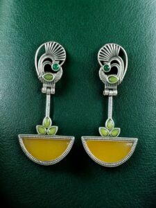 Handcrafted Ethnic Peacock Earrings | Silver Replica Stone Dangler Best Jewelry - color: "Yellow"