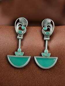 Handcrafted Ethnic Peacock Earrings | Silver Replica Stone Dangler Best Jewelry - color: "Mint"