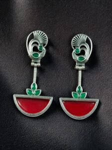 Handcrafted Ethnic Peacock Earrings | Silver Replica Stone Dangler Best Jewelry - color: "Green-Red"