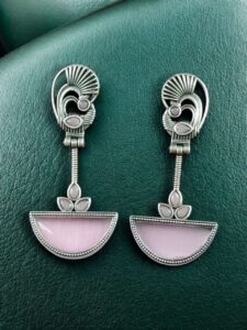 Handcrafted Ethnic Peacock Earrings | Silver Replica Stone Dangler Best Jewelry - color: "Baby Pink"