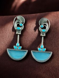Handcrafted Ethnic Peacock Earrings | Silver Replica Stone Dangler Best Jewelry - color: "Aqua"