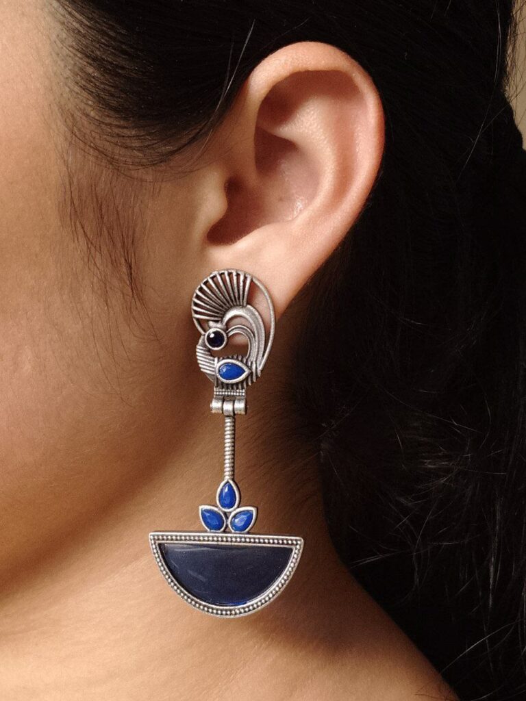 Handcrafted Ethnic Peacock Earrings | Silver Replica Stone Dangler Best Jewelry