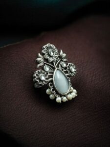 Traditional Flower Design Ring | Silver Replica Adjustable Stone & Pearl Work Best Jewelry - color: Grey"