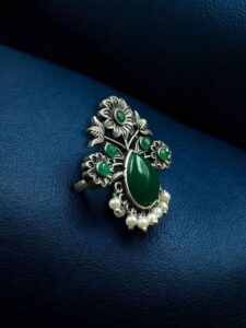 Traditional Flower Design Ring | Silver Replica Adjustable Stone & Pearl Work Best Jewelry - color: "Green"