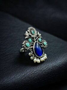Traditional Flower Design Ring | Silver Replica Adjustable Stone & Pearl Work Best Jewelry - color: "Mint-Blue"