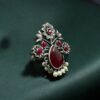 Traditional Flower Design Ring | Silver Replica Adjustable Stone & Pearl Work Best Jewelry 16 Silver replica adjustable flower ring with stone and pearl work.