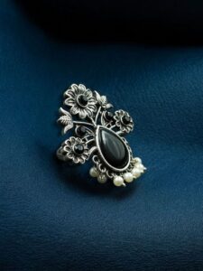 Traditional Flower Design Ring | Silver Replica Adjustable Stone & Pearl Work Best Jewelry - color: "Black"