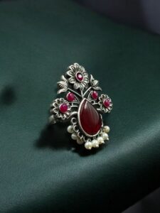 Traditional Flower Design Ring | Silver Replica Adjustable Stone & Pearl Work Best Jewelry - color: "Red"