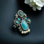 Bulk 172 Traditional Flower Design Ring | Silver Replica Adjustable Stone & Pearl Work Best Jewelry - "Aqua"
