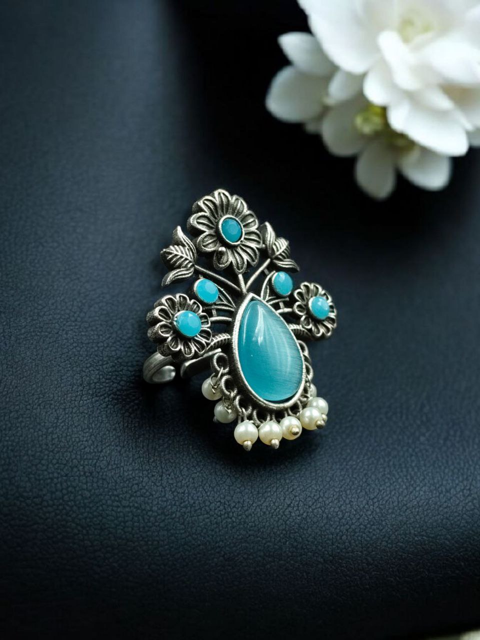 Traditional Flower Design Ring | Silver Replica Adjustable Stone & Pearl Work Best Jewelry 11 Silver replica adjustable flower ring with stone and pearl work.
