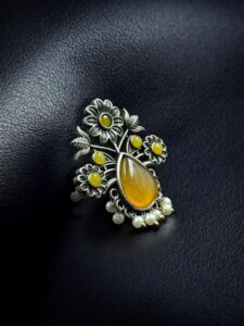Traditional Flower Design Ring | Silver Replica Adjustable Stone & Pearl Work Best Jewelry - color: "Yellow"
