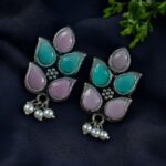 Bulk 84 German Silver Lotus Earrings | Elegant Stone and Pearl Work Best Traditional Jewelry For Girls - "Baby Pink-Mint"