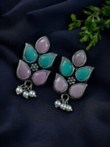 German Silver Lotus Earrings | Elegant Stone and Pearl Work Best Traditional Jewelry For Girls - color: "Baby Pink-Mint"