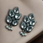 Bulk 86 German Silver Lotus Earrings | Elegant Stone and Pearl Work Best Traditional Jewelry For Girls - "White"