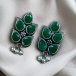 Bulk 88 German Silver Lotus Earrings | Elegant Stone and Pearl Work Best Traditional Jewelry For Girls - "Green"