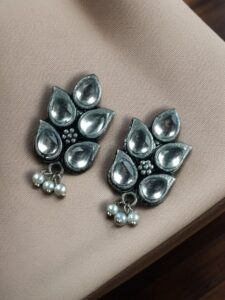 German Silver Lotus Earrings | Elegant Stone and Pearl Work Best Traditional Jewelry For Girls - color: "White"