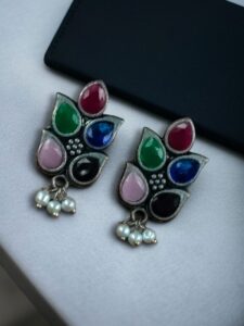 German Silver Lotus Earrings | Elegant Stone and Pearl Work Best Traditional Jewelry For Girls - color: "Multi"