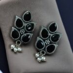 Bulk 92 German Silver Lotus Earrings | Elegant Stone and Pearl Work Best Traditional Jewelry For Girls - "Black"