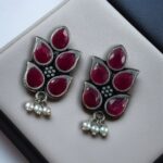 Bulk 94 German Silver Lotus Earrings | Elegant Stone and Pearl Work Best Traditional Jewelry For Girls - "Red"