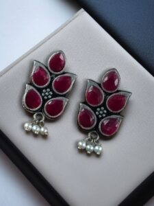 German Silver Lotus Earrings | Elegant Stone and Pearl Work Best Traditional Jewelry For Girls - color: "Red"