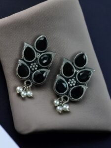 German Silver Lotus Earrings | Elegant Stone and Pearl Work Best Traditional Jewelry For Girls - color: "Black"