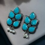 Bulk 96 German Silver Lotus Earrings | Elegant Stone and Pearl Work Best Traditional Jewelry For Girls - "Aqua"