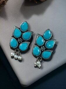 German Silver Lotus Earrings | Elegant Stone and Pearl Work Best Traditional Jewelry For Girls - color: "Aqua"