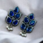 Bulk 98 German Silver Lotus Earrings | Elegant Stone and Pearl Work Best Traditional Jewelry For Girls - "Blue"