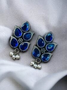 German Silver Lotus Earrings | Elegant Stone and Pearl Work Best Traditional Jewelry For Girls - color: "Blue"