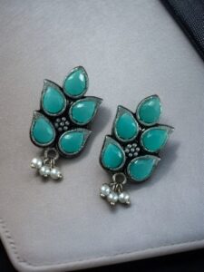 German Silver Lotus Earrings | Elegant Stone and Pearl Work Best Traditional Jewelry For Girls - color: "Mint"