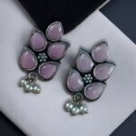 Bulk 102 German Silver Lotus Earrings | Elegant Stone and Pearl Work Best Traditional Jewelry For Girls - "Baby Pink"