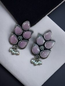 German Silver Lotus Earrings | Elegant Stone and Pearl Work Best Traditional Jewelry For Girls - color: "Baby Pink"