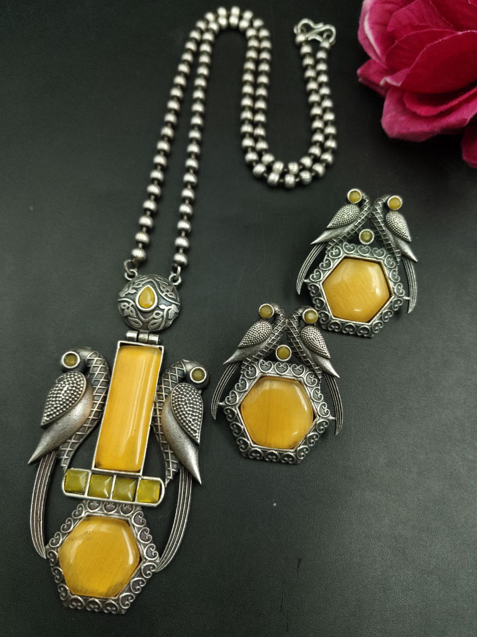 Traditional Parrot Design Necklace Set | Monalisa Stone Ethnic Party Wear Best Designer Jewelry 8 Parrot design Monalisa stone ethnic party wear necklace set.