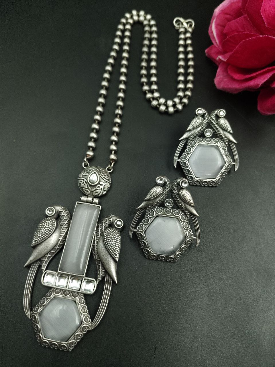 Traditional Parrot Design Necklace Set | Monalisa Stone Ethnic Party Wear Best Designer Jewelry 6 Parrot design Monalisa stone ethnic party wear necklace set.