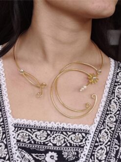 Gold plated hasli necklace with unique stone work traditional design.