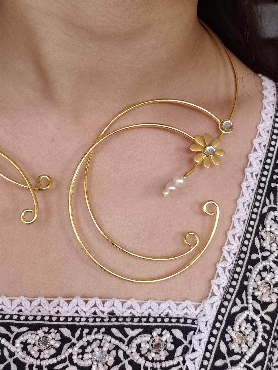 Unique Design Gold Plated Hasli Necklace | Stone Work Traditional Jewelry 3 Gold plated hasli necklace with unique stone work traditional design.