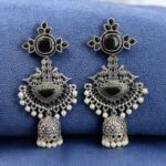 Traditional Long Jhumki Earrings | Meenakari Silver Replica Stone & Pearl Work Beautiful Jewelry For Women - "Black"