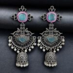 Traditional Long Jhumki Earrings | Meenakari Silver Replica Stone & Pearl Work Beautiful Jewelry For Women - "Aqua-Baby Pink"