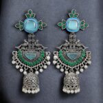 Traditional Long Jhumki Earrings | Meenakari Silver Replica Stone & Pearl Work Beautiful Jewelry For Women - "Aqua-Green"