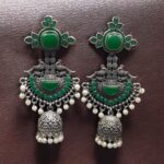 Traditional Long Jhumki Earrings | Meenakari Silver Replica Stone & Pearl Work Beautiful Jewelry For Women - "Green"