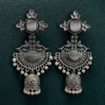 Traditional Long Jhumki Earrings | Meenakari Silver Replica Stone & Pearl Work Beautiful Jewelry For Women - "Grey-Black"