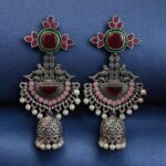 Traditional Long Jhumki Earrings | Meenakari Silver Replica Stone & Pearl Work Beautiful Jewelry For Women - "Red-Green-Baby Pink"