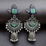 Traditional Long Jhumki Earrings | Meenakari Silver Replica Stone & Pearl Work Beautiful Jewelry For Women - "Mint-Blue"