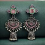 Traditional Long Jhumki Earrings | Meenakari Silver Replica Stone & Pearl Work Beautiful Jewelry For Women - "Baby Pink-Mint"